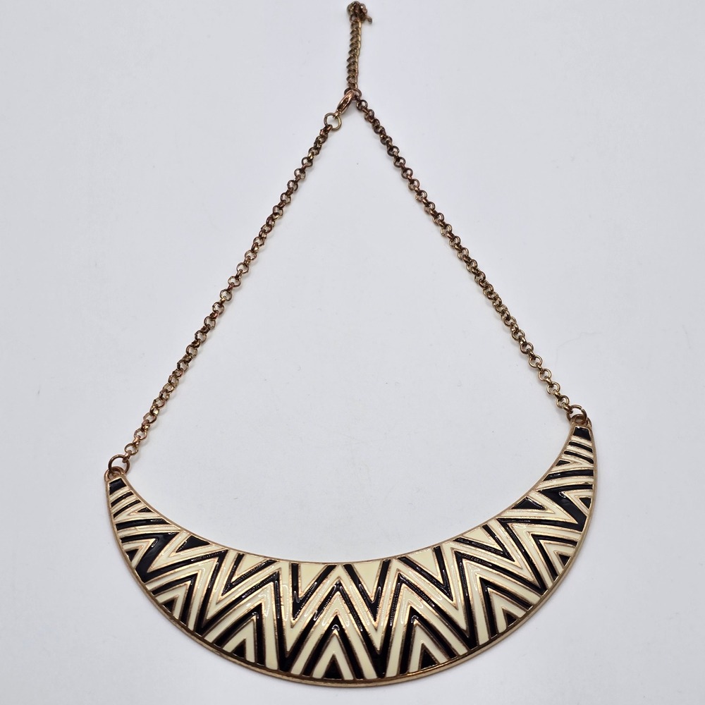 Bib Necklace Women Gold‎ Black Cream Enamel Geometric Chevron Bold